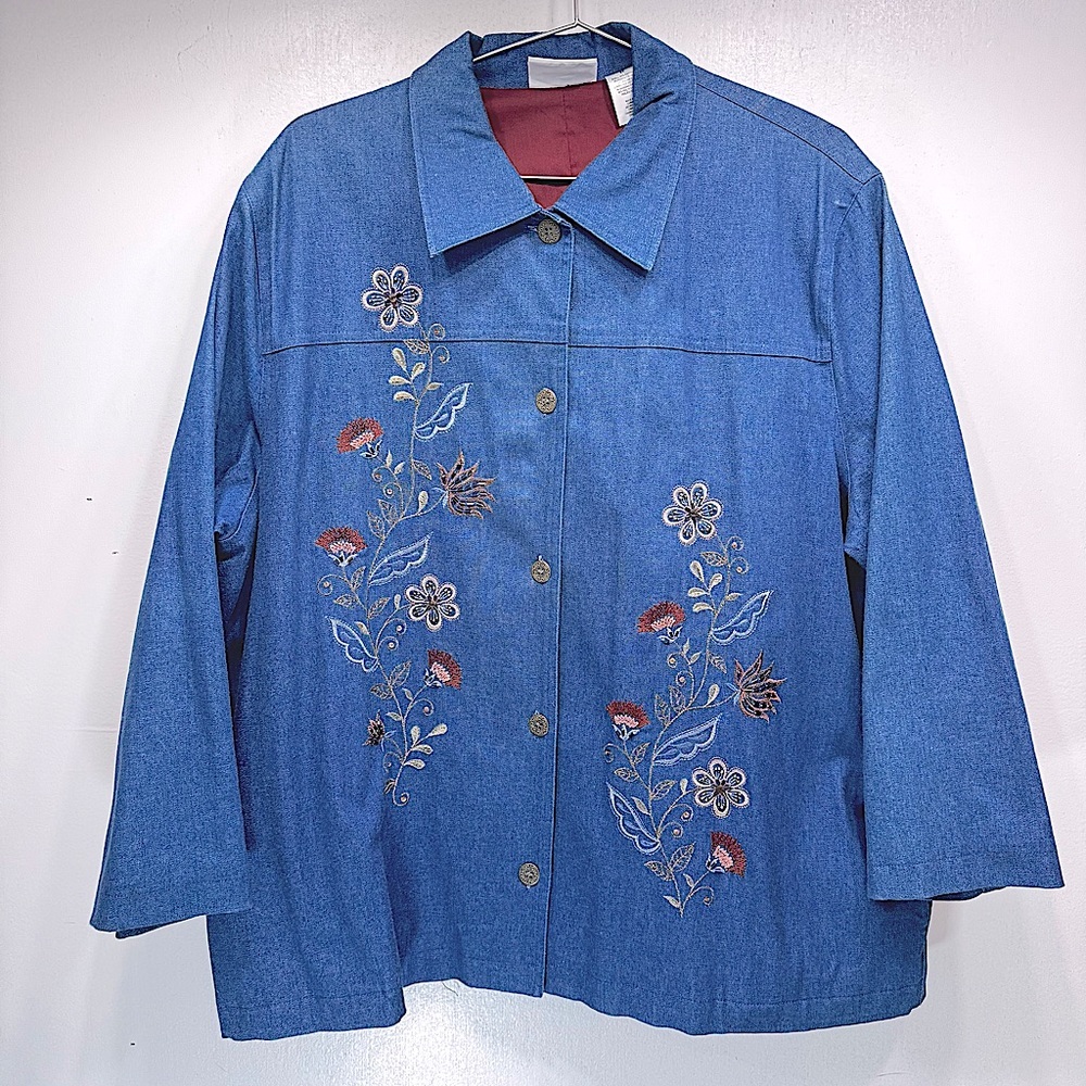 Vintage 90s Y2K Alfred Dunner Beaded Floral Embroidered Denim Chambray Jacket